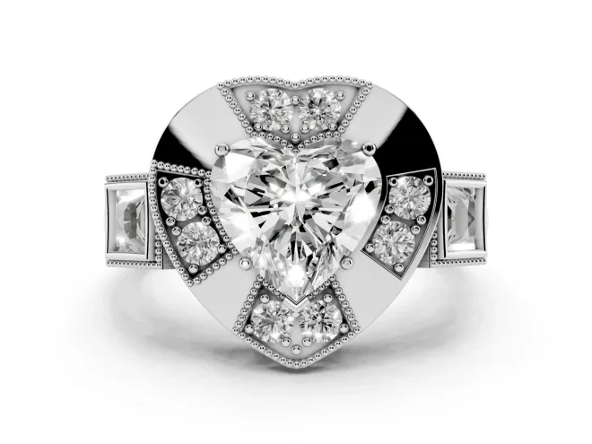 Heart-Shaped Milgrain Sectioned Halo Engagement Ring Setting | Square-Framed Sides | White Gold