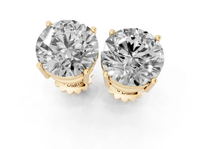Round Cut Diamond Solitaire Stud Earrings Set in Yellow gold with Basket Setting – second view