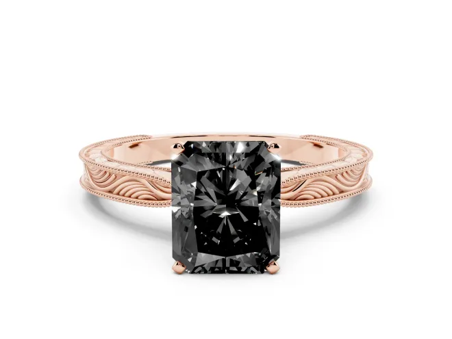 Radiant Cut Engraved Solitaire Engagement Ring Setting for a Black Center | Rose Gold