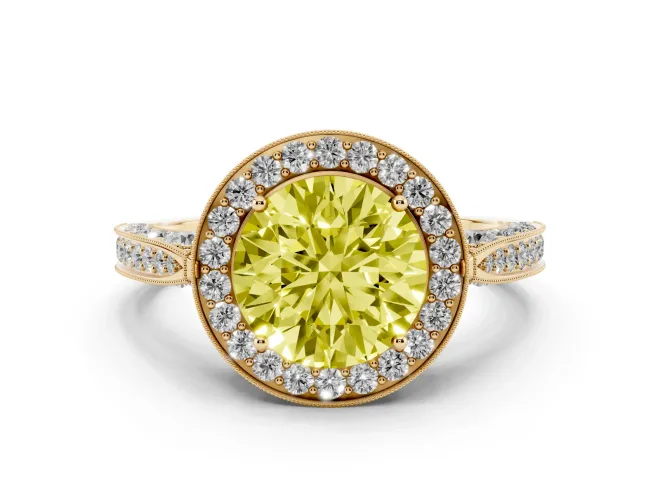 Fancy Yellow Round Cut Diamond Halo Engagement Ring Set in Yellow gold with Accent Split Shank Band