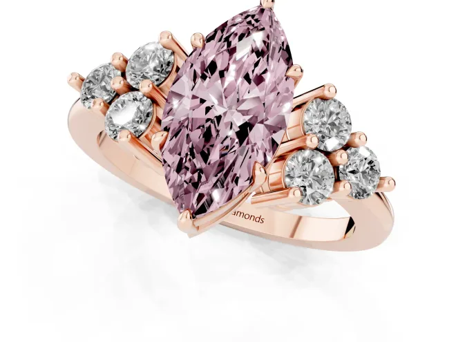 Fancy Pink Marquise Cut Diamond Solitaire Ring Set in Rose gold with Cluster Accents on Each Side – second view