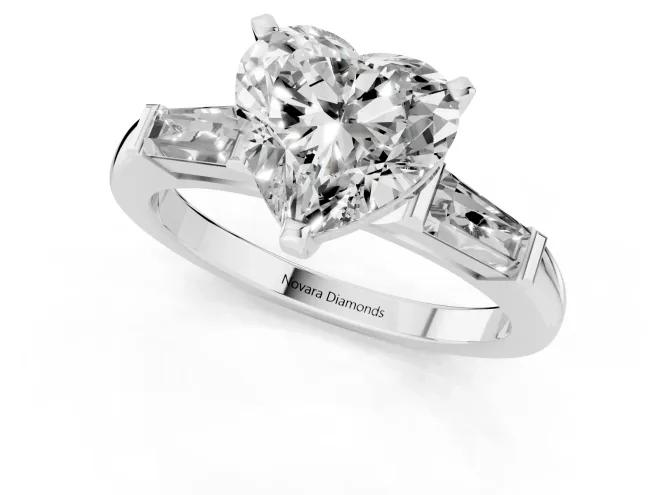 Heart Cut Diamond Solitaire Ring Set in White gold with Tapered Baguette Side Stones and Prong Setting – second view
