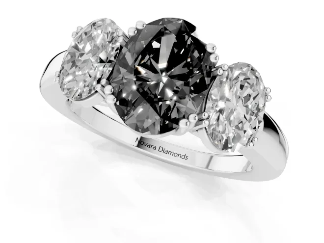 Fancy Black Oval Cut Diamond Three-Stone Ring Set in Platinum with Polished Band and Prong Setting – second view