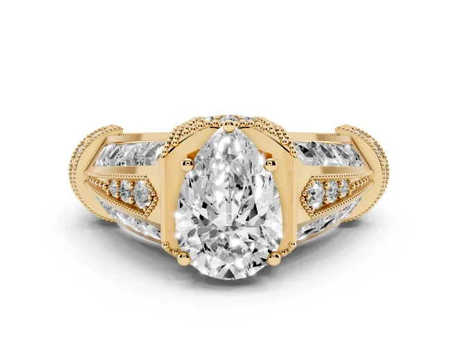 Pear Cut Diamond Vintage-Inspired Milgrain Ring Set in Yellow gold with Accent Split Shank