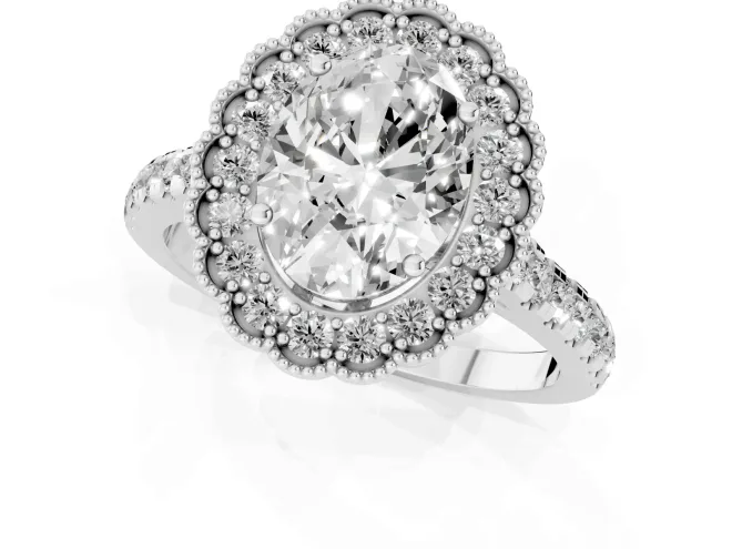 Oval Cut Diamond Milgrain Floral Halo Engagement Ring Set in Silver with Pavé Band – second view