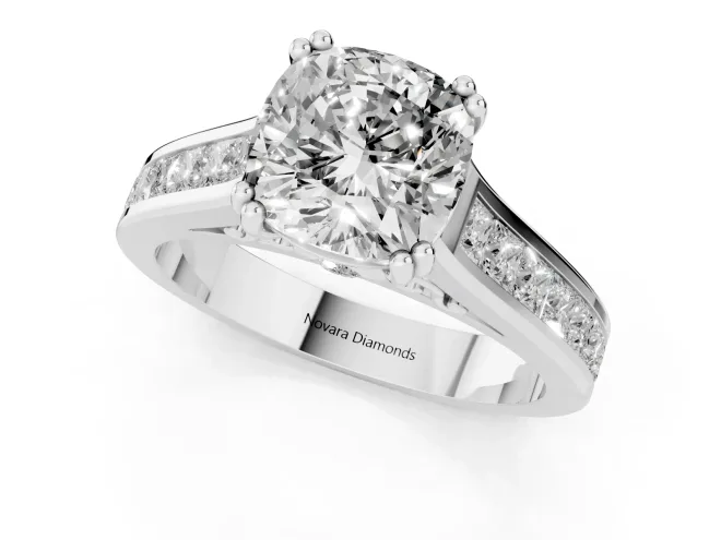 Cushion Cut Diamond Channel Set Solitaire Engagement Ring Set in White gold with Prong Setting – second view