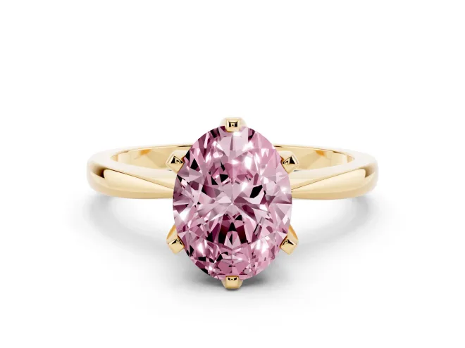 Fancy Pink Oval Cut Diamond Solitaire Engagement Ring Set in Yellow gold with Slim Tapered Solitaire Band