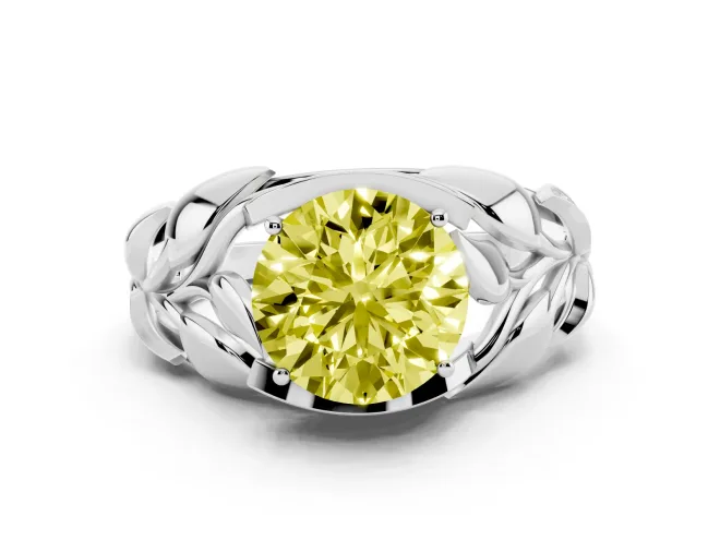 Fancy Yellow Round Cut Diamond Leaf-Inspired Engagement Ring Set in White gold with Round Accents