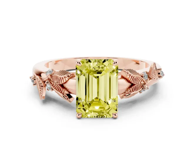 Emerald Cut Leaf Solitaire Engagement Ring Setting for a Fancy Yellow Lab-Grown Diamond | Rose Gold