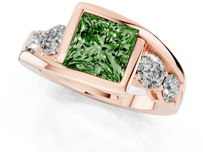 Fancy Green Princess Cut Diamond Bezel Bypass Ring Set in Rose gold with Round Accents – second view