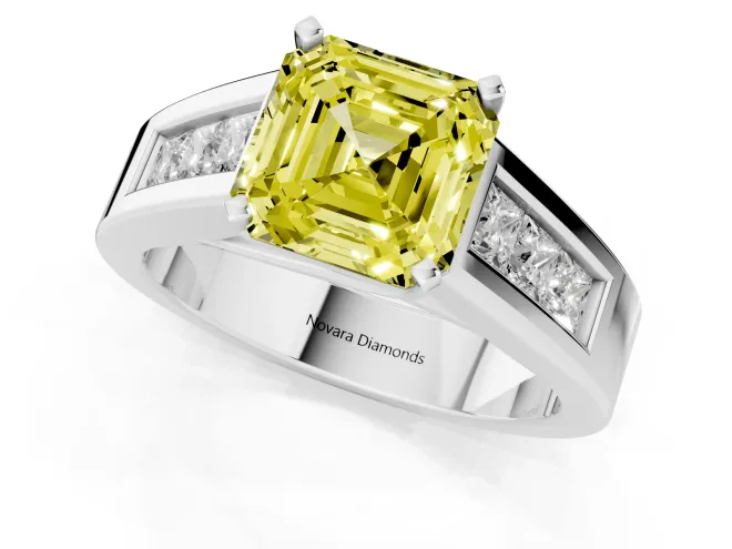 Fancy Yellow Asscher Cut Diamond Solitaire Ring Set in Silver with Channel-Set Accent Stones and Prong Setting – second view