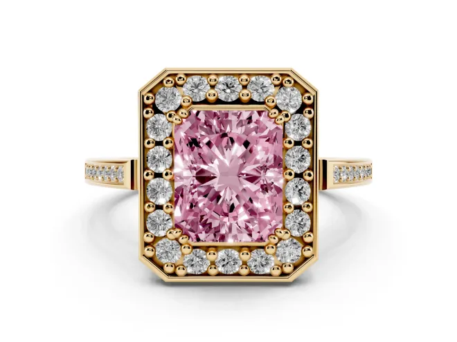 Radiant Cut Halo Engagement Ring Setting for a Fancy Pink Lab-Grown Diamond | Polished Halo Rim | Yellow Gold