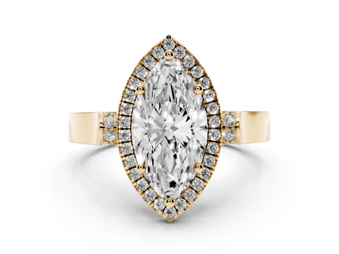 Marquise Cut Diamond Halo Ring Set in Yellow gold with Pavé-Lined Split Shank Band
