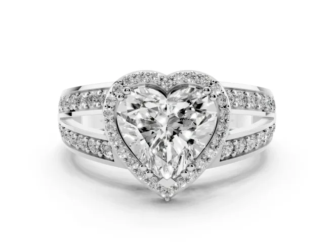 Heart Cut Diamond Halo Ring Set in Platinum with Double Pavé Split Shank