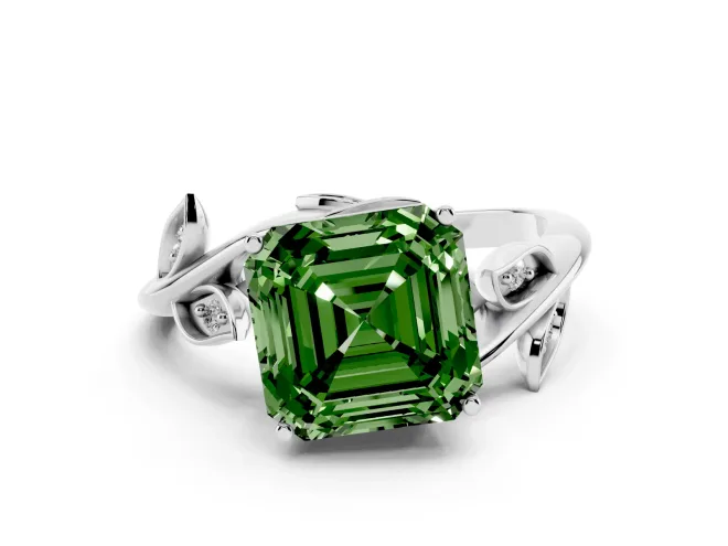 Fancy Green Asscher Cut Diamond Solitaire Twist Engagement Ring Set in White gold with Pavé Leaf Accents