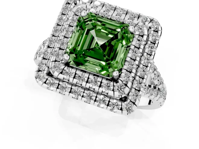 Fancy Green Asscher Cut Diamond Double Halo Ring Set in White gold with Pavé Split Shank and Prong Setting – second view