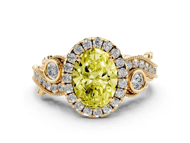 Oval Vintage Halo Engagement Ring Setting for a Fancy Yellow Lab-Grown Diamond | Bezel Shoulder Accents | Yellow Gold