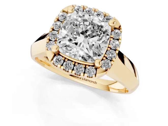 Cushion Cut Diamond Halo Solitaire Engagement Ring Set in Yellow gold with Square Band and Prong Setting – second view