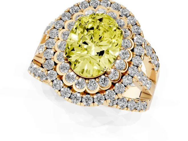 Fancy Yellow Oval Cut Diamond Double Halo Ring Set in Yellow gold with Round Pavé Split Shank – second view