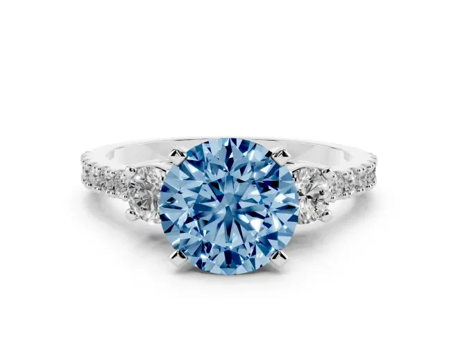 Round Three Stone Pavé Engagement Ring Setting for a Fancy Blue Lab-Grown Diamond | Round Side Stones | Sterling Silver