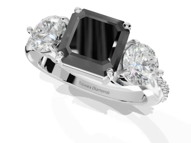 Fancy Black Asscher Cut Lab-Grown Diamond Three-Stone Ring Set in Sterling Silver with Channel-Set Band and Prong Setting – second view