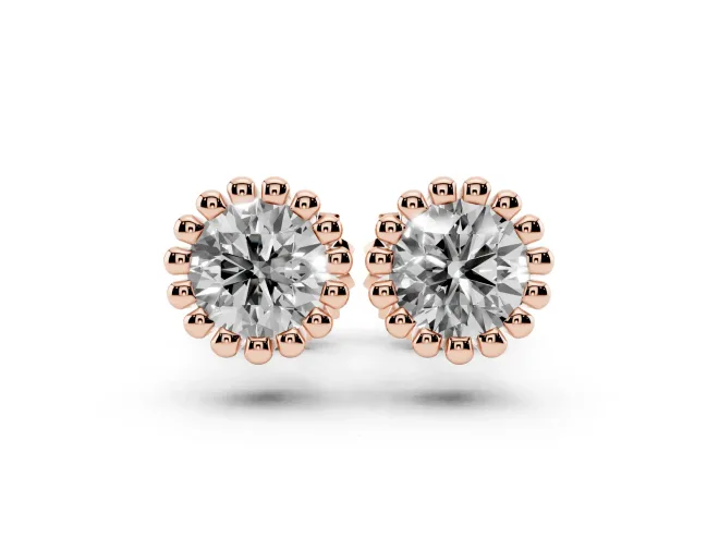 Round Lab-Grown Diamond Scalloped Solitaire Stud Earrings | Beaded Crown Head | Rose Gold