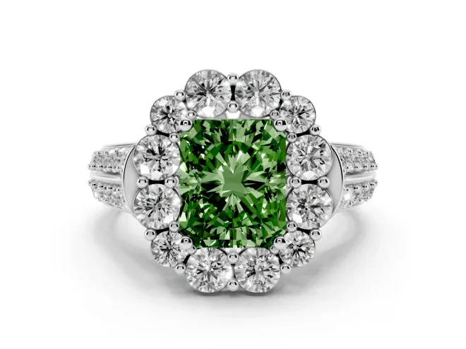 Radiant Cut Large Accent Halo Engagement Ring Setting for a Fancy Green Lab-Grown Diamond | Graduated Pavé | White Gold