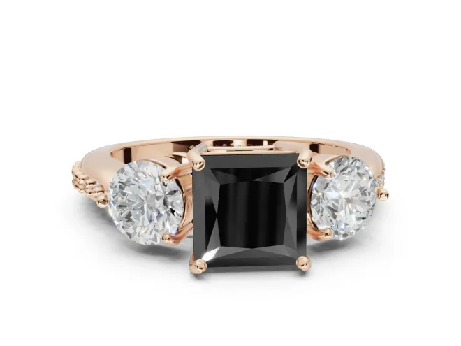Princess Cut Three Stone Engagement Ring Setting for a Black Center | Tapered Pavé Band | Rose Gold