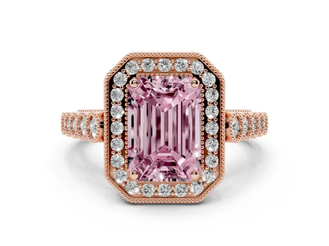 Emerald Cut Graduated Milgrain Halo Engagement Ring Setting for a Fancy Pink Lab-Grown Diamond | Rose Gold