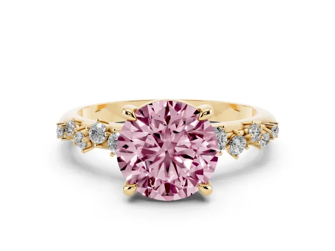 Fancy Pink Round Cut Diamond Solitaire Vine Band Ring Set in Yellow gold with Round Accents and Prong Setting