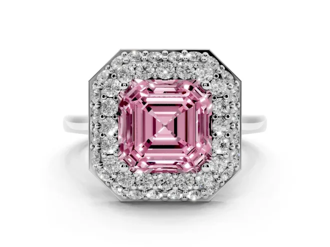 Fancy Pink Asscher Cut Diamond Halo Engagement Ring Set in Platinum with Solitaire Band and Prong Setting