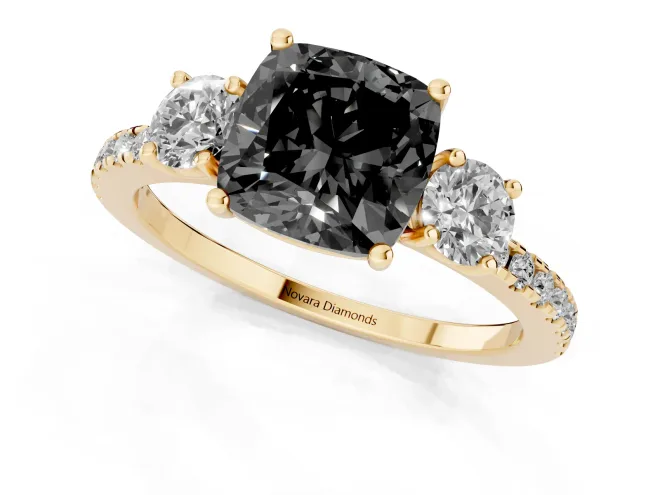 Fancy Black Cushion Cut Diamond Three-Stone Ring Set in Yellow gold with Pavé Band and Graduated Sides – second view