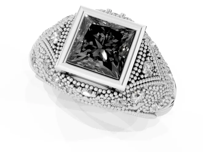 Fancy Black Princess Cut Diamond Bezel Ring Set in White gold with Milgrain Accent Band – second view