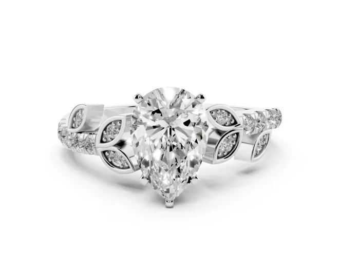 Pear Cut Diamond Solitaire Leaf-Inspired Ring Set in White gold with Pavé Band and Prong Setting