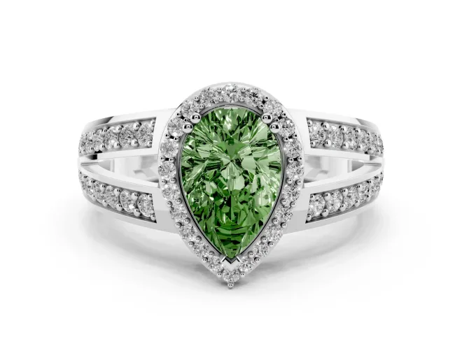 Fancy Green Pear Cut Diamond Halo Ring Set in Silver with Double Pavé Split Shank