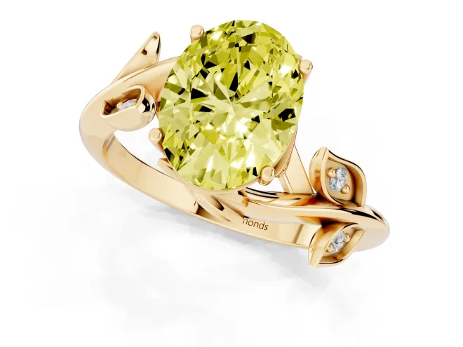 Fancy Yellow Oval Cut Diamond Solitaire Twist Engagement Ring Set in Yellow gold with Pavé Leaf Accents – second view
