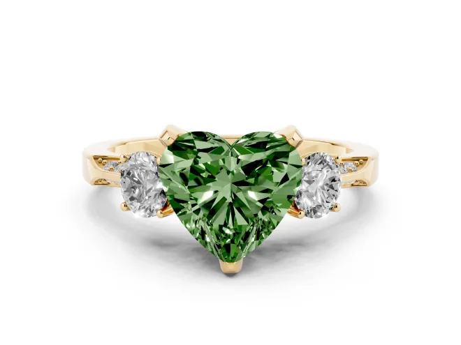 Heart-Shaped Hidden Halo Three Stone Engagement Ring Setting for a Fancy Green Lab-Grown Diamond | Yellow Gold