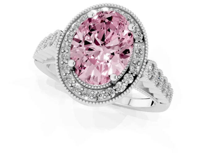 Fancy Pink Oval Cut Diamond Milgrain Halo Solitaire Ring Set in Platinum with Bezel Set Side Stones and Pavé Band – second view
