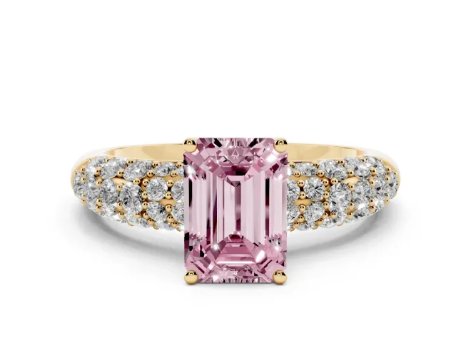 Emerald Cut Multi Row Pavé Engagement Ring Setting for a Fancy Pink Lab-Grown Diamond | Yellow Gold