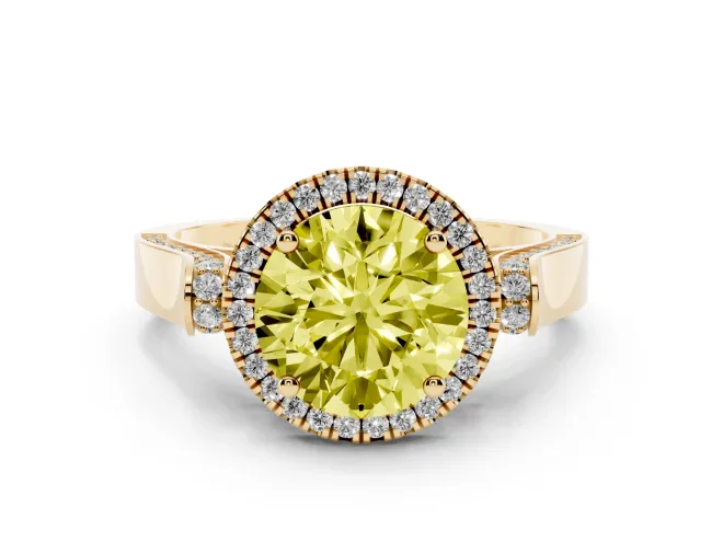 Round Halo Engagement Ring Setting for a Fancy Yellow Lab-Grown Diamond | Pavé Panel Shoulders | Yellow Gold