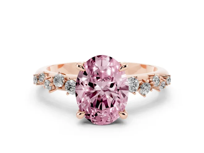 Fancy Pink Oval Cut Diamond Solitaire Vine Band Ring Set in Rose gold with Round Accents and Prong Setting
