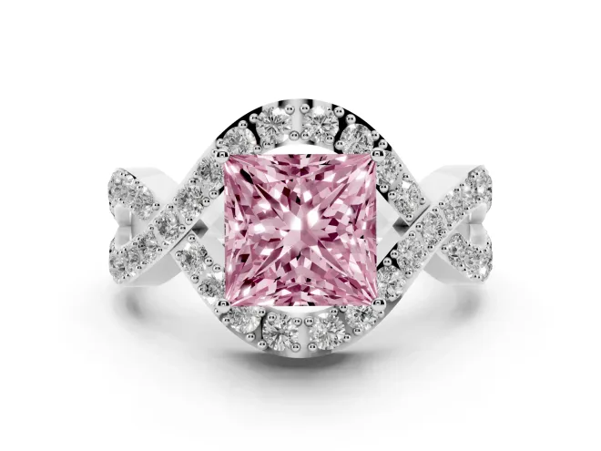 Princess Cut Infinity Twist Engagement Ring Setting for a Fancy Pink Lab-Grown Diamond | Pavé Ribbons | Sterling Silver