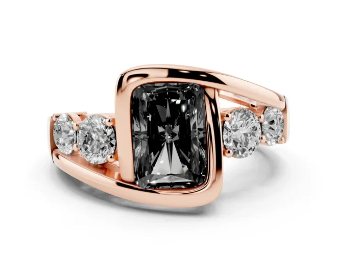 Fancy Black Radiant Cut Diamond Bezel Bypass Ring Set in Rose gold with Round Accents