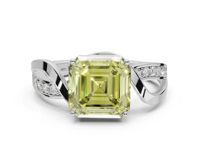 Asscher Cut Bypass Solitaire Engagement Ring Setting for a Fancy Yellow Lab-Grown Diamond | Pavé Strands | White Gold