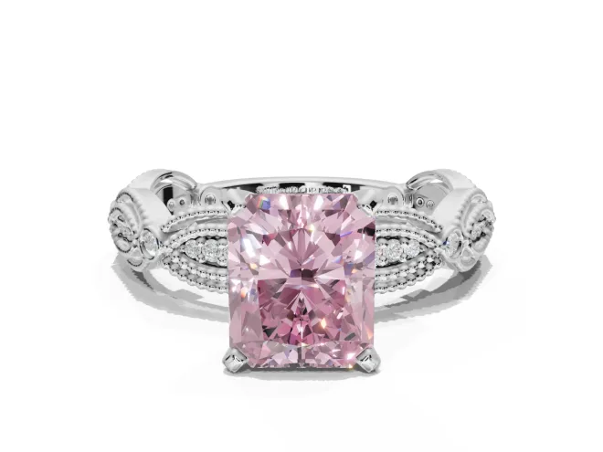 Radiant Cut Vintage Engagement Ring Setting for a Fancy Pink Lab-Grown Diamond | Graduated Stations | White Gold