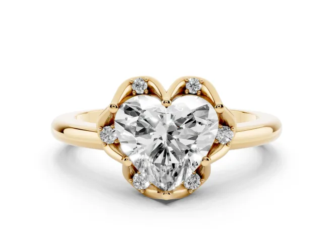 Heart Cut Diamond Round Cluster Halo Ring Set in Yellow gold with Solitaire Band and Prong Setting