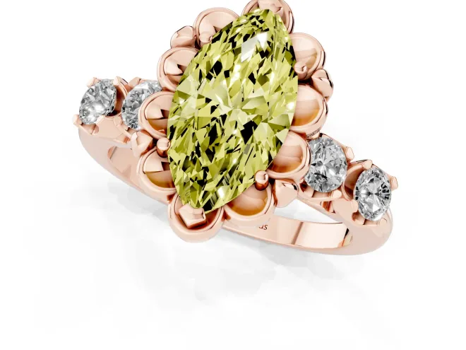 Fancy Yellow Marquise Cut Diamond Floral Halo Ring Set in Rose gold with Shared Prong Band – second view