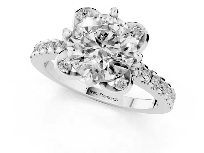 Round Cut Diamond Solitaire Ring Set in Platinum with Pavé Band and Floral Prong Setting – second view