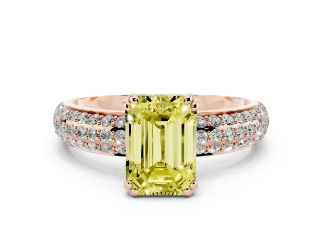 Emerald Cut Three Row Pavé Engagement Ring Setting for a Fancy Yellow Lab-Grown Diamond | Rose Gold