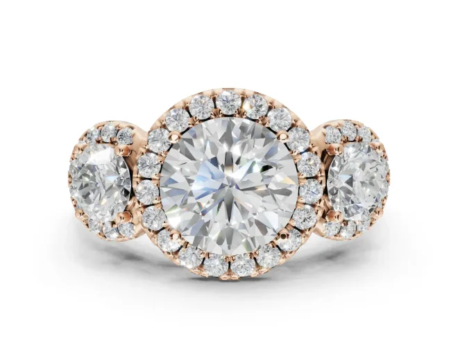 Round Three Stone Halo Engagement Ring Setting | Haloed Side Stones | Rose Gold